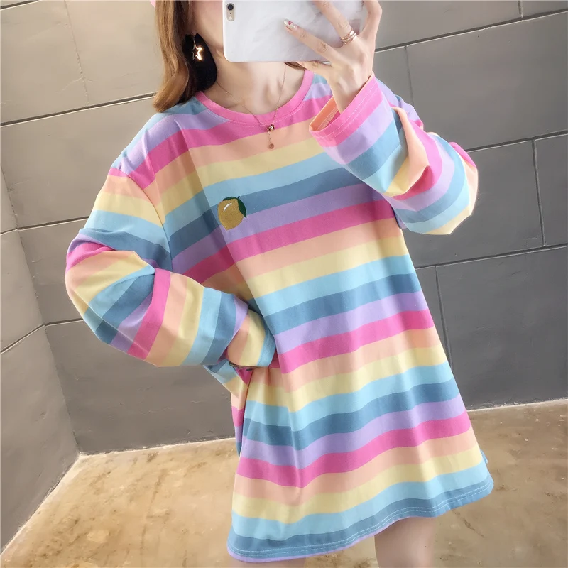 Harajuku Kawaii Rainbow Striped Oversized Long Sleeve T-Shirt Harajuku Kawaii Rainbow Striped Oversized Long Sleeve T-Shirt