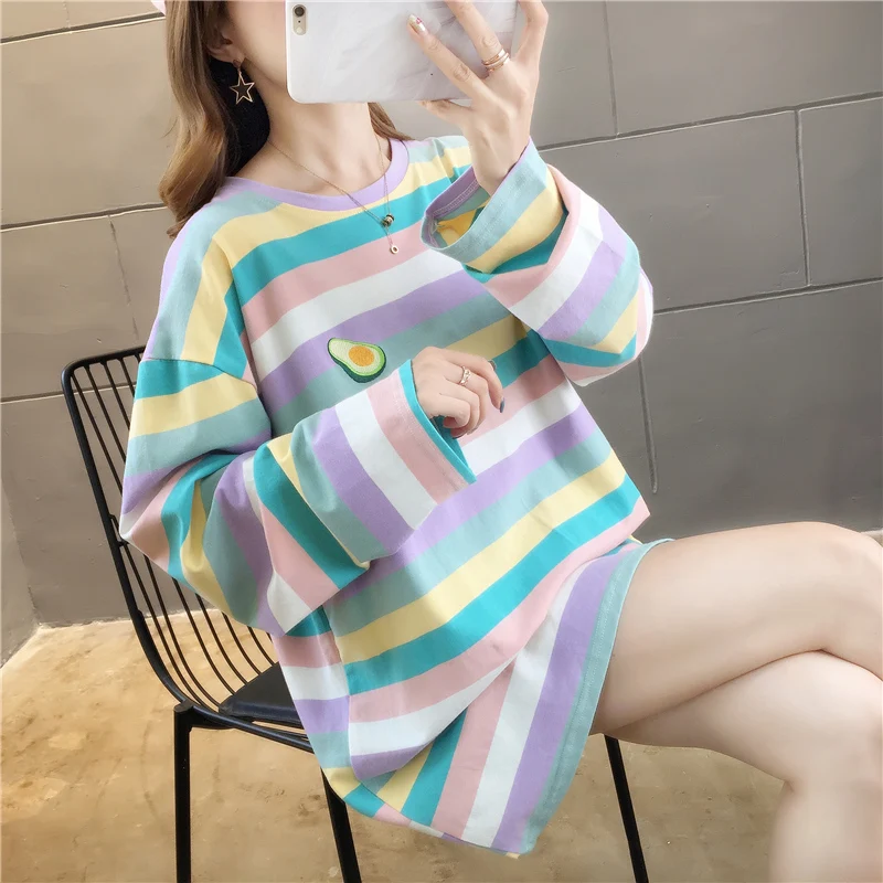 Harajuku Kawaii Rainbow Striped Oversized Long Sleeve T-Shirt Harajuku Kawaii Rainbow Striped Oversized Long Sleeve T-Shirt