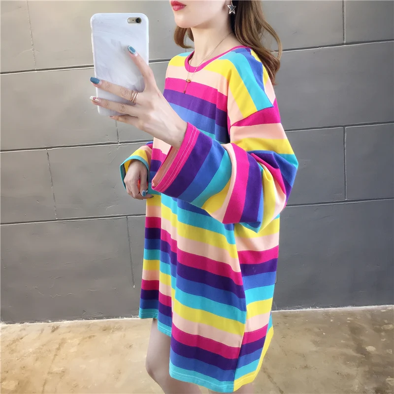 Harajuku Kawaii Rainbow Striped Oversized Long Sleeve T-Shirt Harajuku Kawaii Rainbow Striped Oversized Long Sleeve T-Shirt