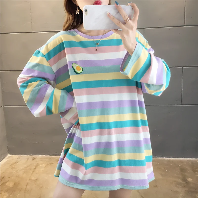 Harajuku Kawaii Rainbow Striped Oversized Long Sleeve T-Shirt Harajuku Kawaii Rainbow Striped Oversized Long Sleeve T-Shirt