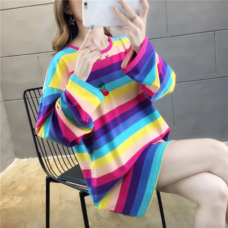 Harajuku Kawaii Rainbow Striped Oversized Long Sleeve T-Shirt Harajuku Kawaii Rainbow Striped Oversized Long Sleeve T-Shirt