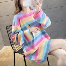 Harajuku Kawaii Rainbow Striped Oversized Long Sleeve T-Shirt Harajuku Kawaii Rainbow Striped Oversized Long Sleeve T-Shirt