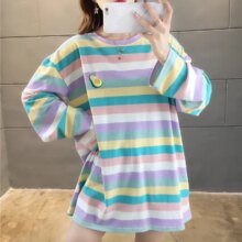 Harajuku Kawaii Rainbow Striped Oversized Long Sleeve T-Shirt Harajuku Kawaii Rainbow Striped Oversized Long Sleeve T-Shirt