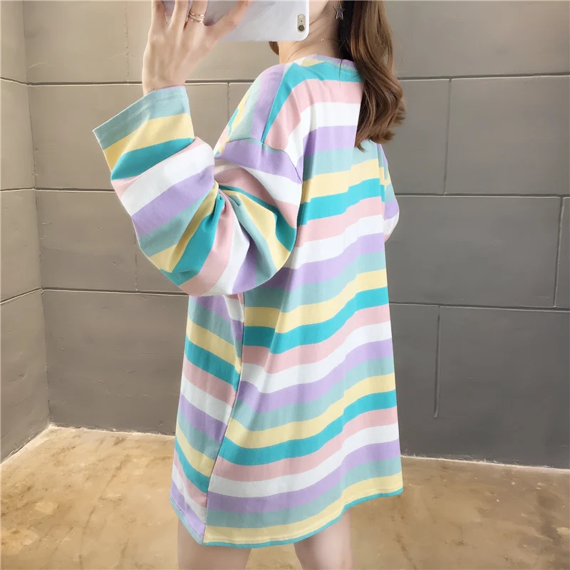 Harajuku Kawaii Rainbow Striped Oversized Long Sleeve T-Shirt Harajuku Kawaii Rainbow Striped Oversized Long Sleeve T-Shirt