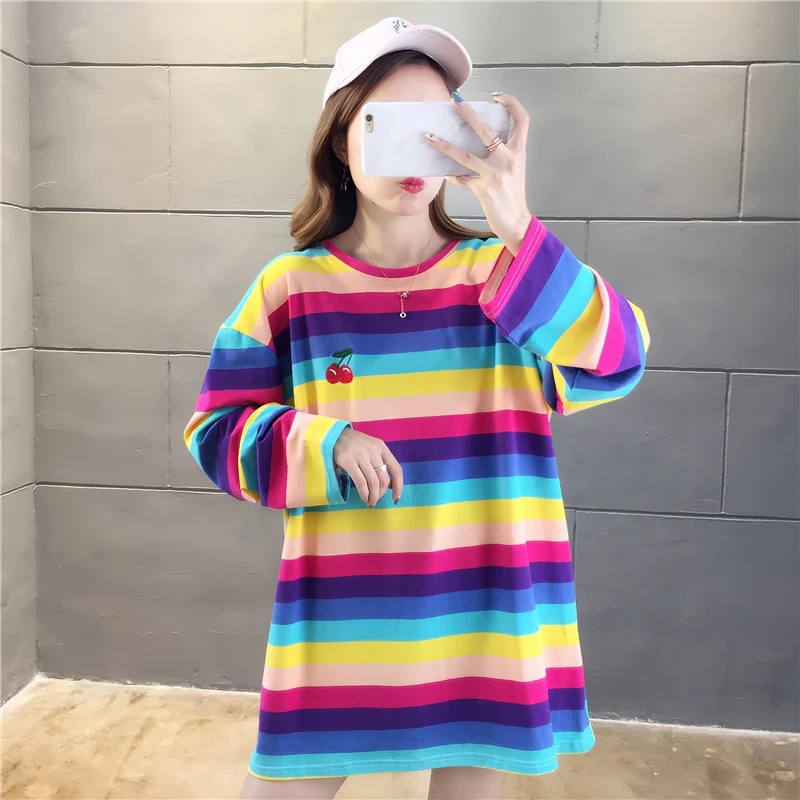 Harajuku Kawaii Rainbow Striped Oversized Long Sleeve T-Shirt Harajuku Kawaii Rainbow Striped Oversized Long Sleeve T-Shirt