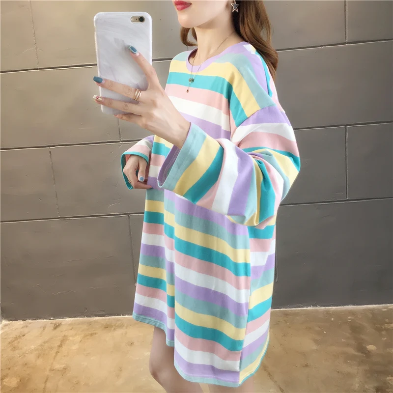 Harajuku Kawaii Rainbow Striped Oversized Long Sleeve T-Shirt Harajuku Kawaii Rainbow Striped Oversized Long Sleeve T-Shirt