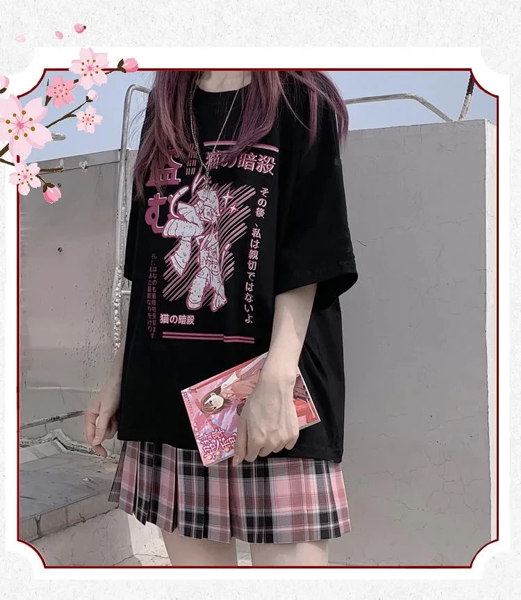 Kawaii Ninja Cat Print Black Casual T-Shirt