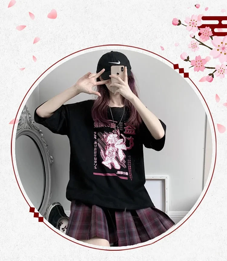 Kawaii Ninja Cat Print Black Casual T-Shirt