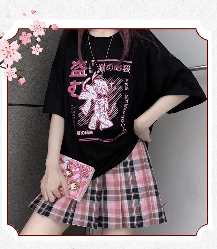 Kawaii Ninja Cat Print Black Casual T-Shirt