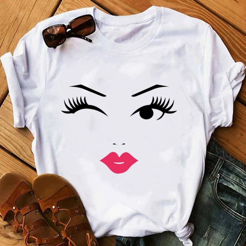 Makeup Face Red Lip Prints Casual T-Shirts For Women Makeup Face Red Lip Prints Casual T-Shirts For Women