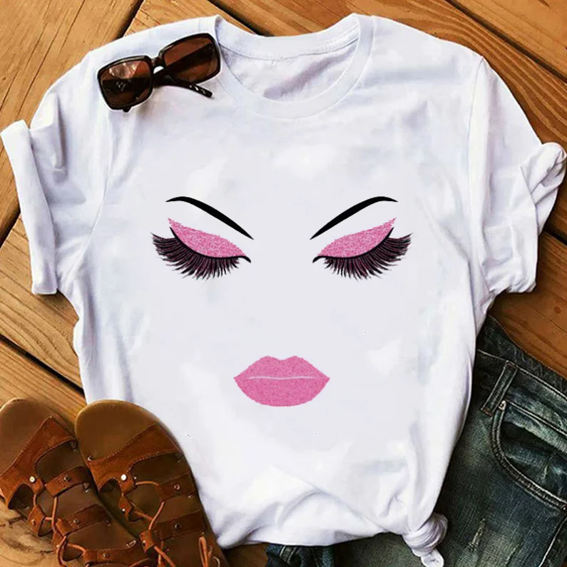 Makeup Face Red Lip Prints Casual T-Shirts For Women Makeup Face Red Lip Prints Casual T-Shirts For Women