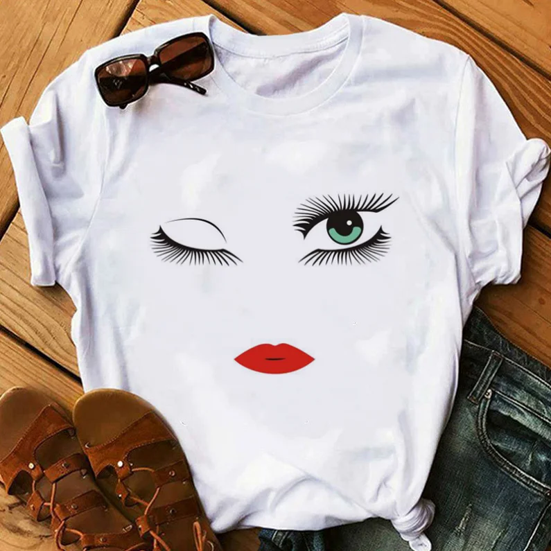 Makeup Face Red Lip Prints Casual T-Shirts For Women Makeup Face Red Lip Prints Casual T-Shirts For Women