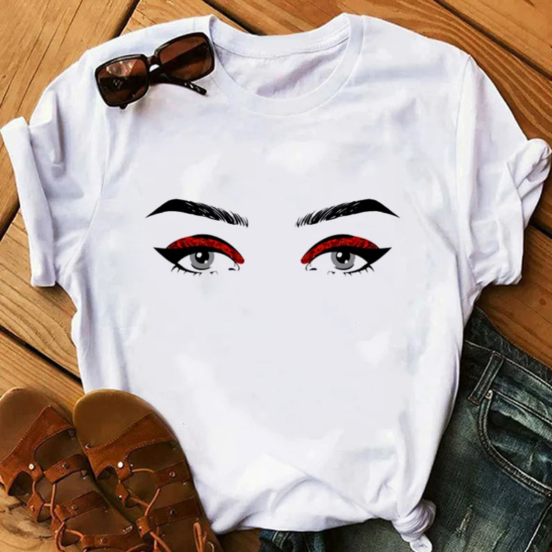 Makeup Face Red Lip Prints Casual T-Shirts For Women Makeup Face Red Lip Prints Casual T-Shirts For Women