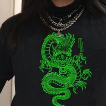 Chinese Dragon Print Oversize Casual T-Shirt For Women Chinese Dragon Print Oversize Casual T-Shirt For Women