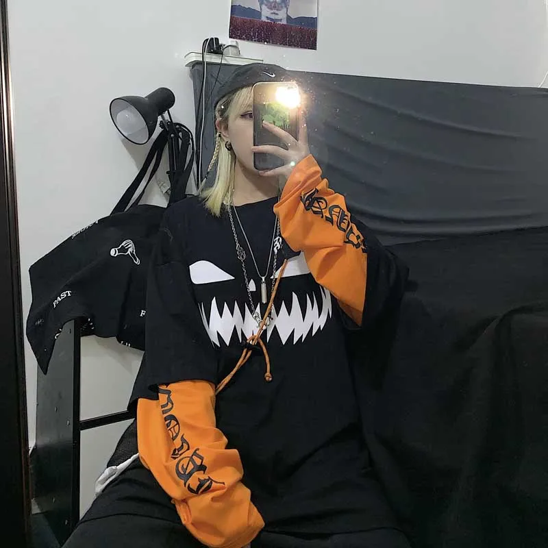 Harajuku Pumpkin Print Patchwork Casual Long Sleeve T-Shirt