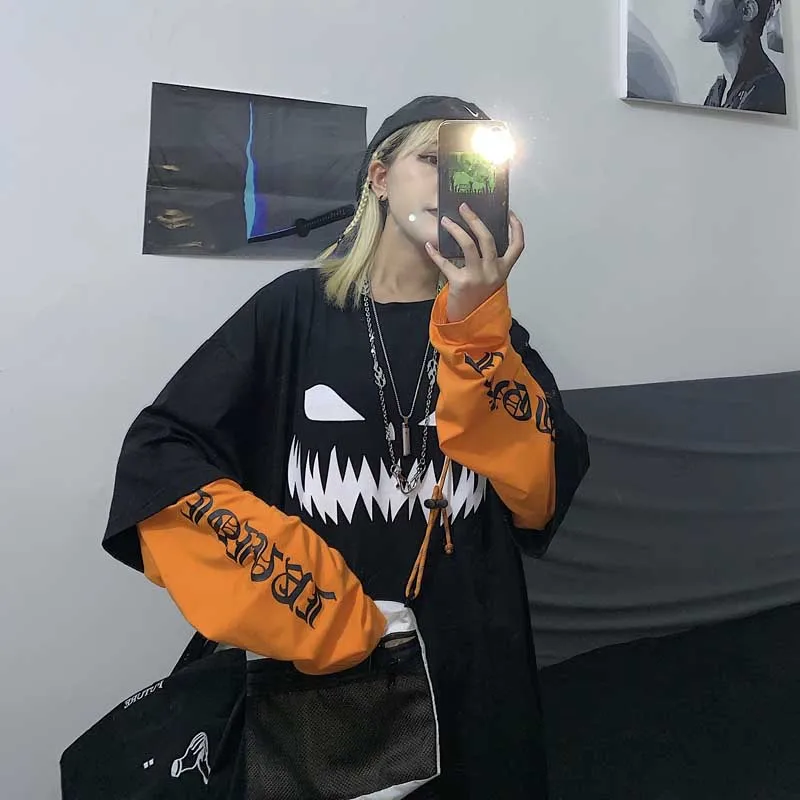 Harajuku Pumpkin Print Patchwork Casual Long Sleeve T-Shirt