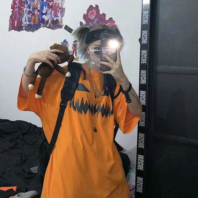Harajuku Pumpkin Print Patchwork Casual Long Sleeve T-Shirt