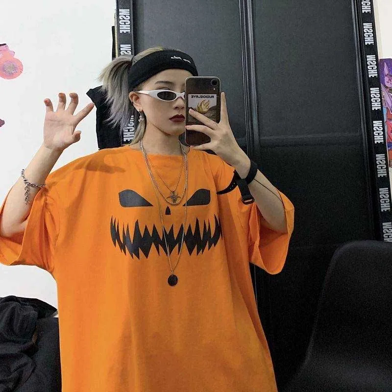 Harajuku Pumpkin Print Patchwork Casual Long Sleeve T-Shirt