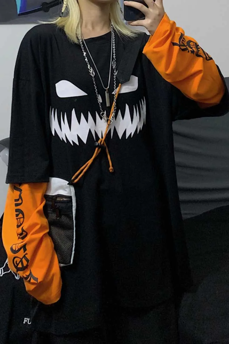 Harajuku Pumpkin Print Patchwork Casual Long Sleeve T-Shirt