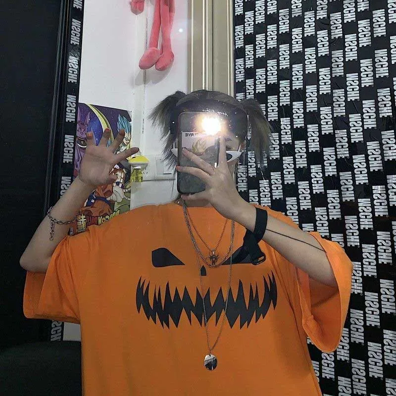 Harajuku Pumpkin Print Patchwork Casual Long Sleeve T-Shirt