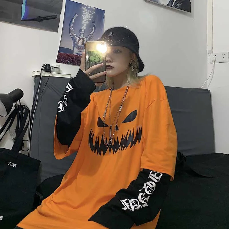 Harajuku Pumpkin Print Patchwork Casual Long Sleeve T-Shirt