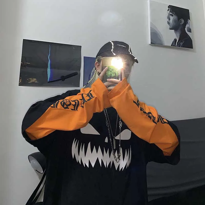 Harajuku Pumpkin Print Patchwork Casual Long Sleeve T-Shirt