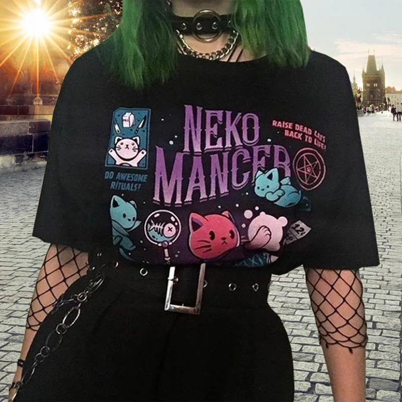 Harajuku Yf Neko Mancer Grunge Black Tee Satantic Gothic Witch T-Shirt