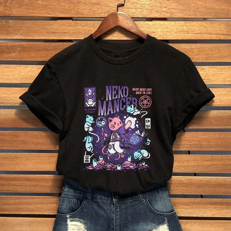 Harajuku Yf Neko Mancer Grunge Black Tee Satantic Gothic Witch T-Shirt