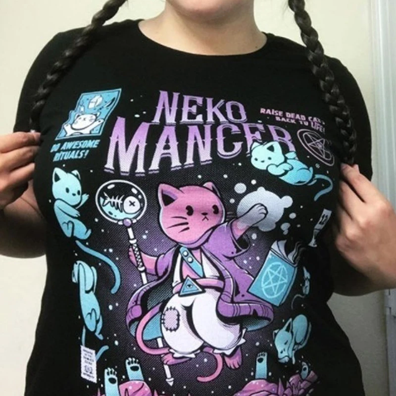 Harajuku Yf Neko Mancer Grunge Black Tee Satantic Gothic Witch T-Shirt
