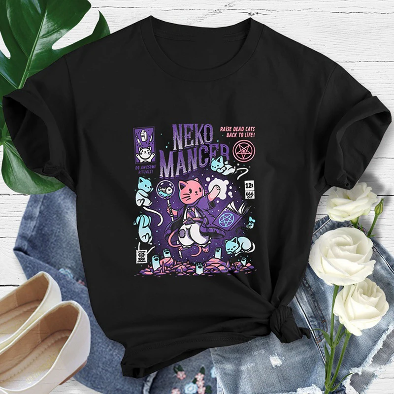 Harajuku Yf Neko Mancer Grunge Black Tee Satantic Gothic Witch T-Shirt