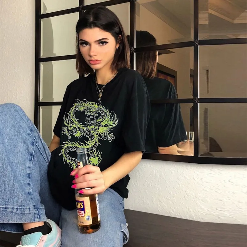 Chinese Style Dragon Printed Oversized Casual T-Shirt For Women