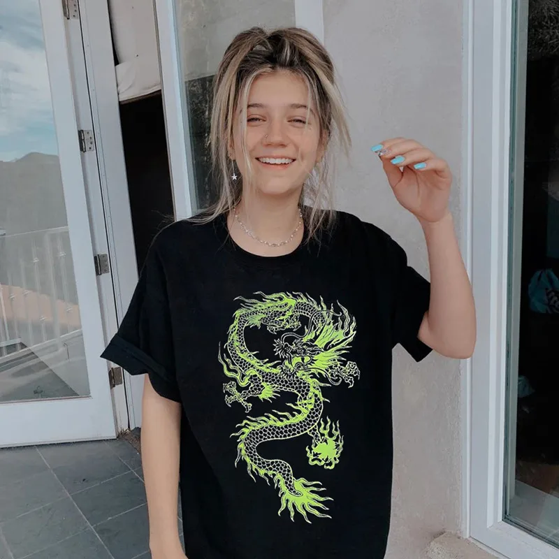 Chinese Style Dragon Printed Oversized Casual T-Shirt For Women