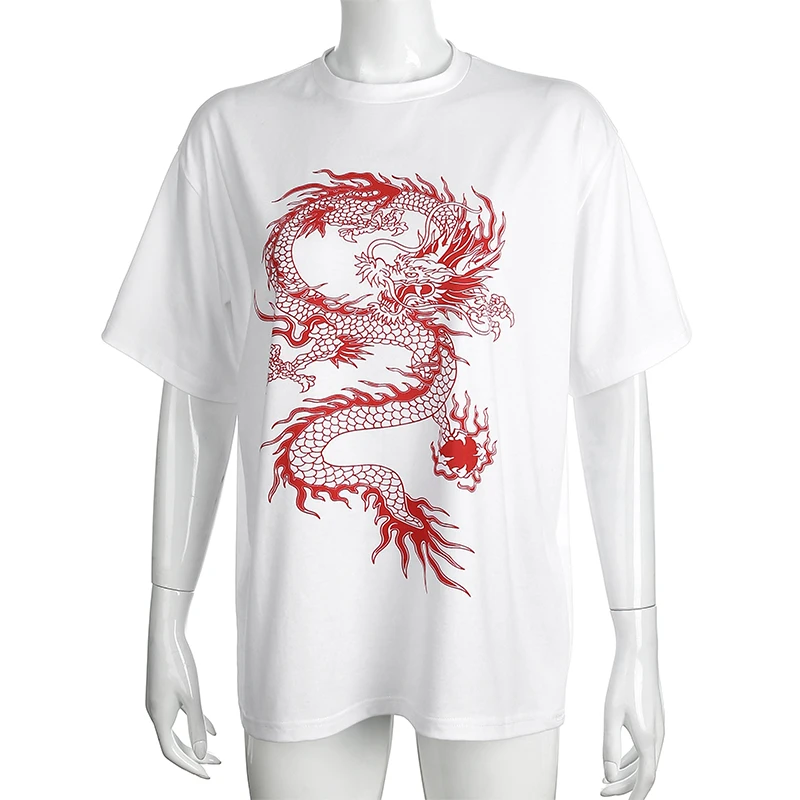 Chinese Style Dragon Printed Oversized Casual T-Shirt For Women