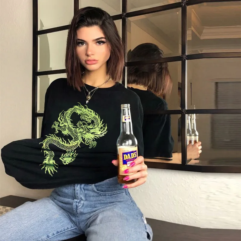 Chinese Style Dragon Printed Oversized Casual T-Shirt For Women
