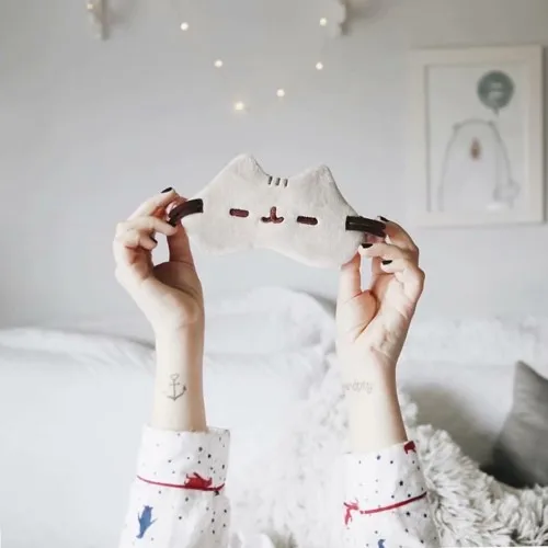 Cat Cartoon Soft Stuffed Gray Plush Slippers & Blindfold