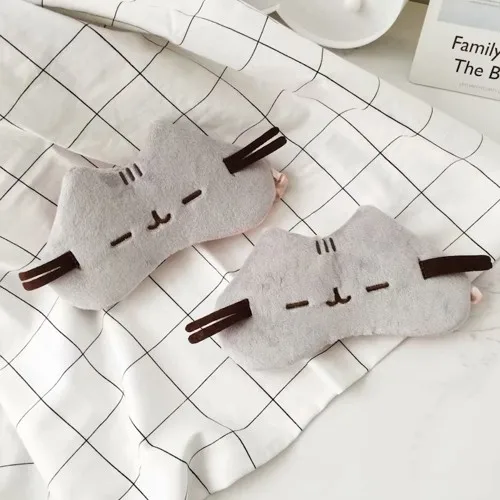 Cat Cartoon Soft Stuffed Gray Plush Slippers & Blindfold