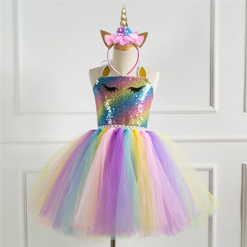 Rainbow Unicorn Candy Princess Dress Costume For Kids