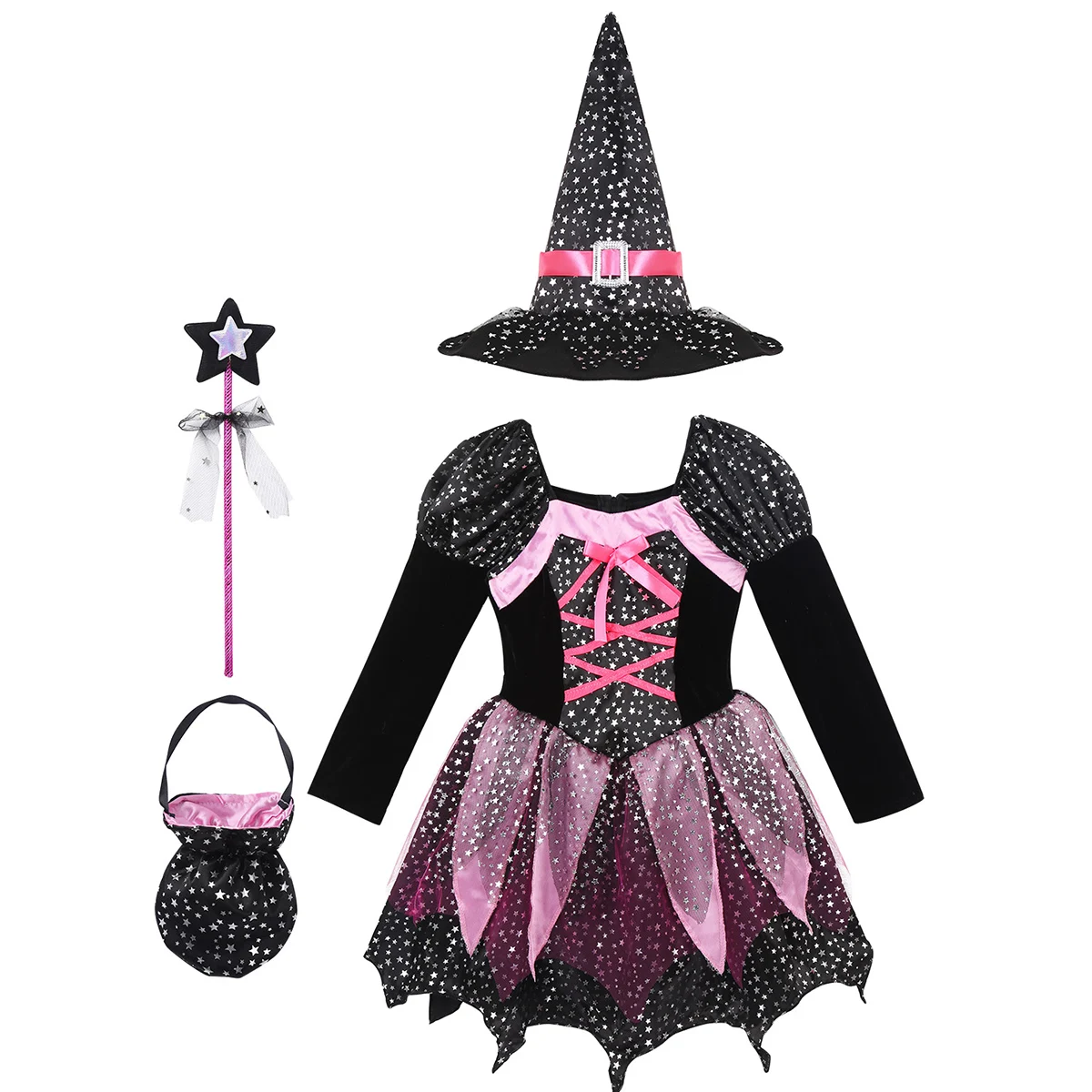 Witch Sparkly Silver Stars Printed Dress With Pointed Hat Wand Costume