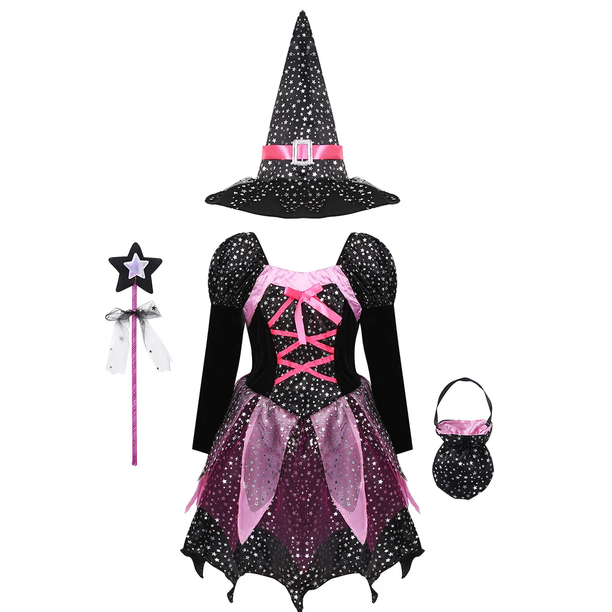 Witch Sparkly Silver Stars Printed Dress With Pointed Hat Wand Costume