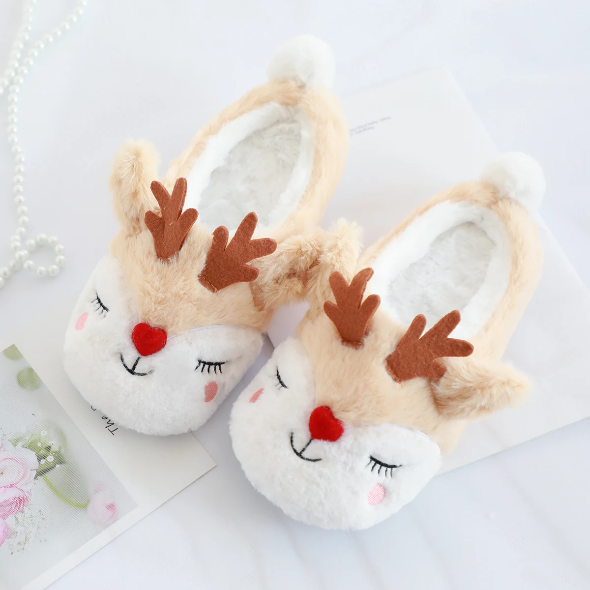 Christmas Moose Plush Reindeer Slippers