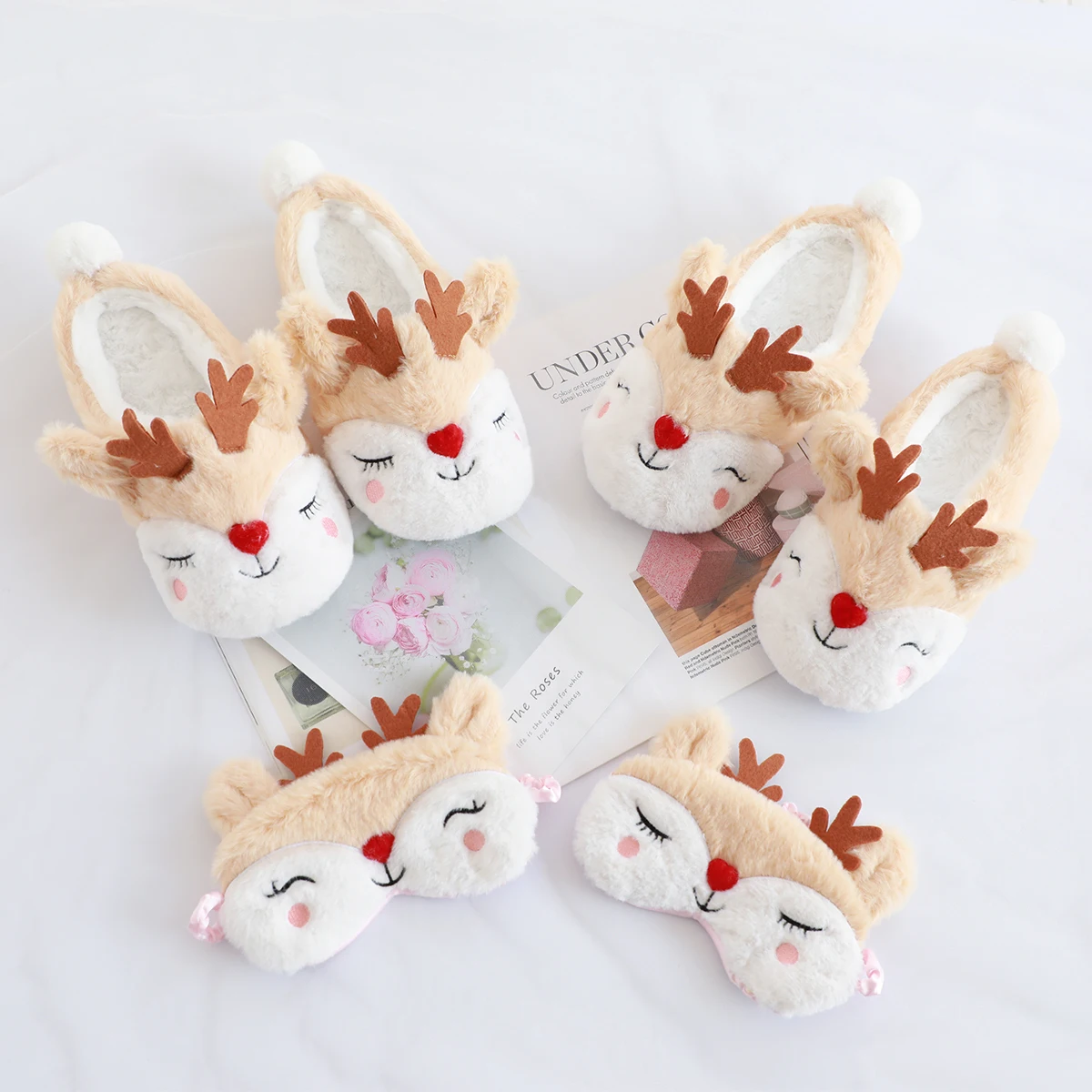 Christmas Moose Plush Reindeer Slippers