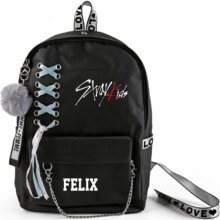K-Pop Stray Kids School Bags With Crossed Ribbon And Plush Ball Pendant K-Pop Stray Kids School Bags With Crossed Ribbon And Plush Ball Pendant