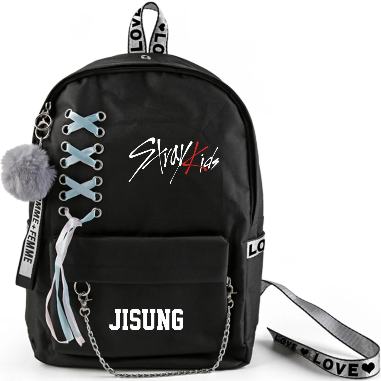 K-Pop Stray Kids School Bags With Crossed Ribbon And Plush Ball Pendant