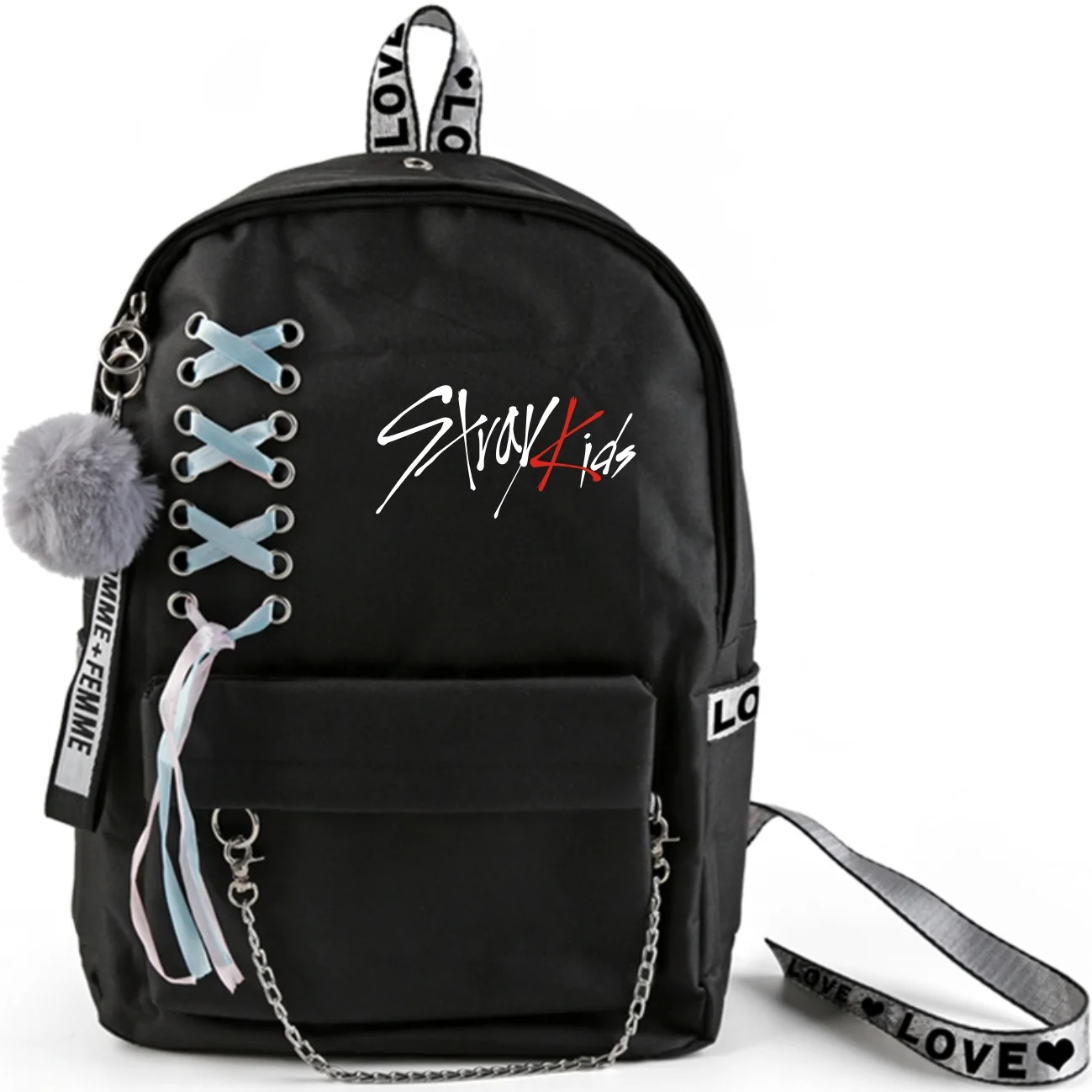 K-Pop Stray Kids School Bags With Crossed Ribbon And Plush Ball Pendant