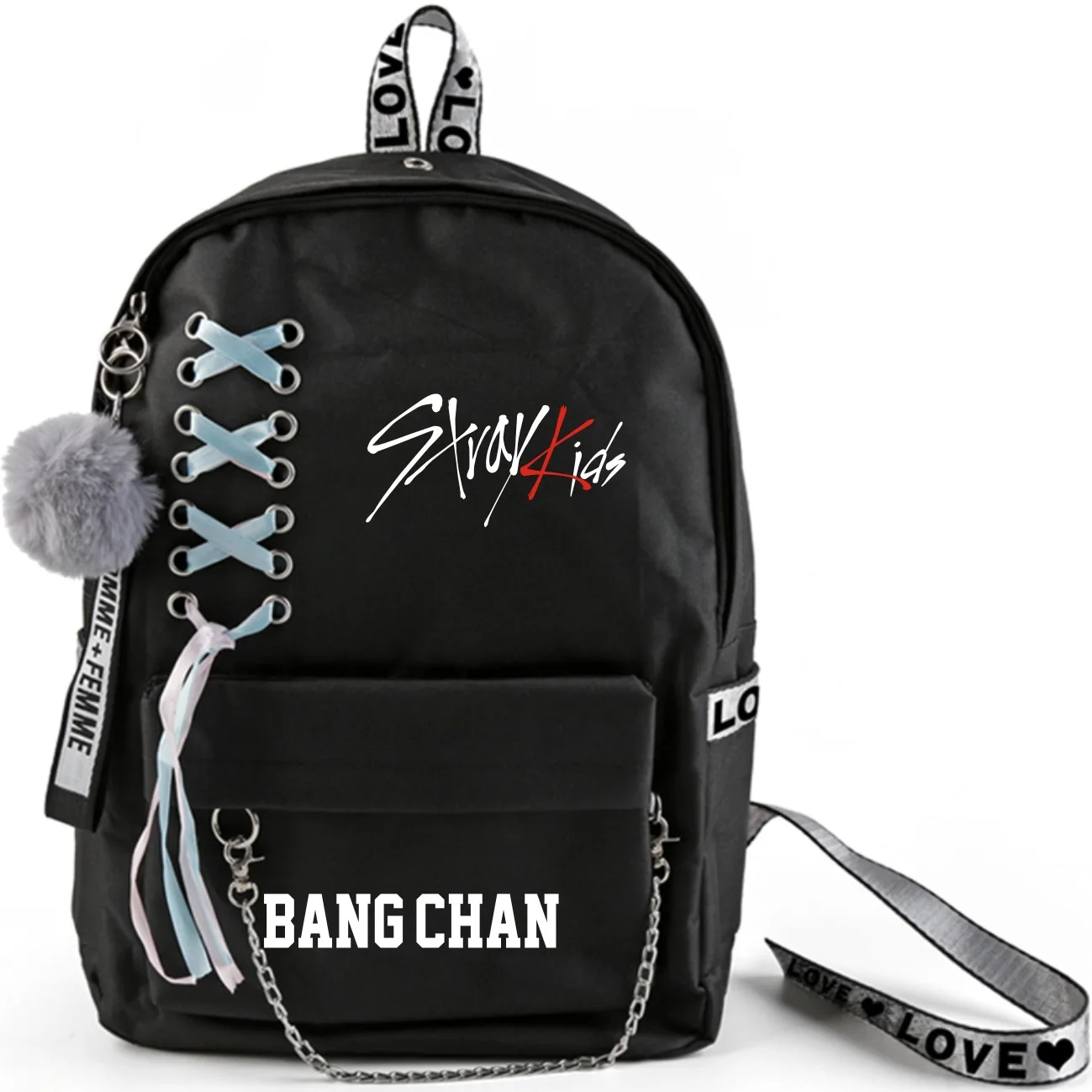 K-Pop Stray Kids School Bags With Crossed Ribbon And Plush Ball Pendant
