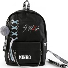 K-Pop Stray Kids School Bags With Crossed Ribbon And Plush Ball Pendant K-Pop Stray Kids School Bags With Crossed Ribbon And Plush Ball Pendant