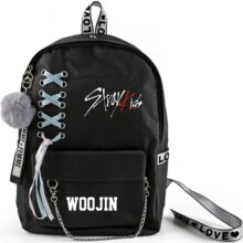 K-Pop Stray Kids School Bags With Crossed Ribbon And Plush Ball Pendant K-Pop Stray Kids School Bags With Crossed Ribbon And Plush Ball Pendant
