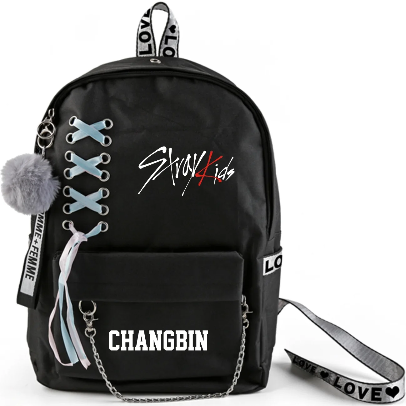 K-Pop Stray Kids School Bags With Crossed Ribbon And Plush Ball Pendant