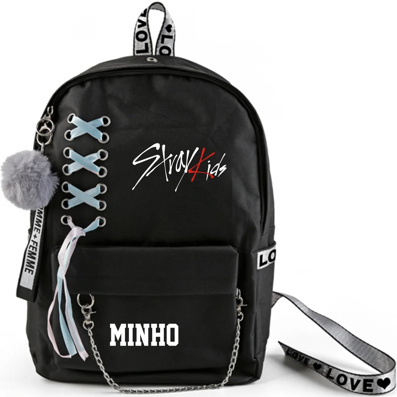 K-Pop Stray Kids School Bags With Crossed Ribbon And Plush Ball Pendant