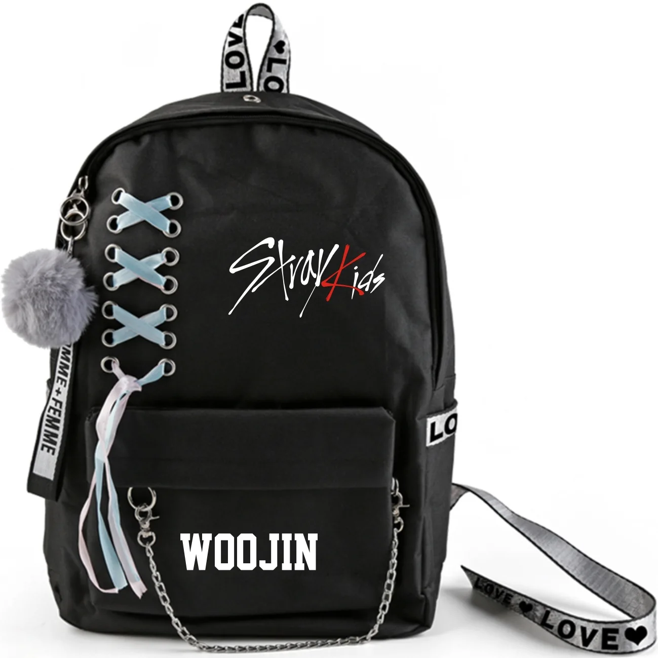 K-Pop Stray Kids School Bags With Crossed Ribbon And Plush Ball Pendant